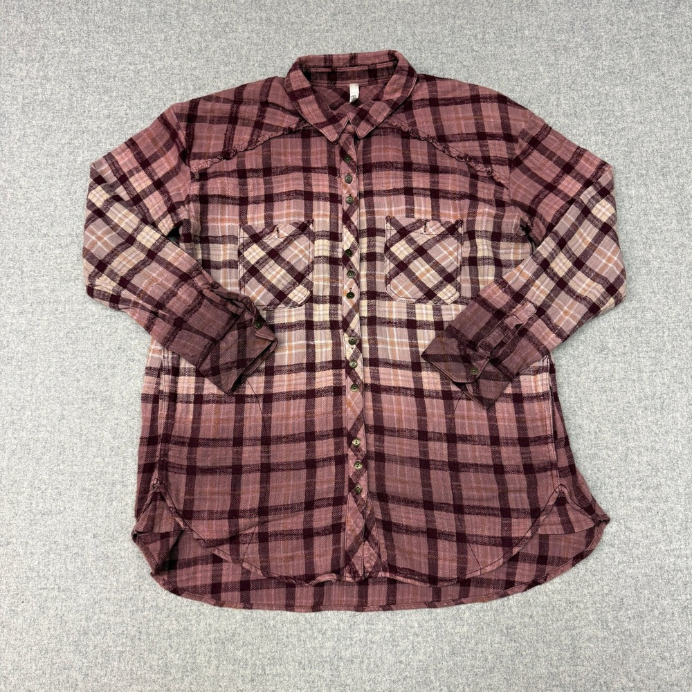Free People | Plaid Button Down Shirt | Medium| Mauve Burgundy | Frayed Boho Top